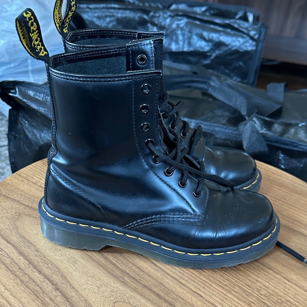 Dr. Martens Black Leather Boots with Yellow Stitching